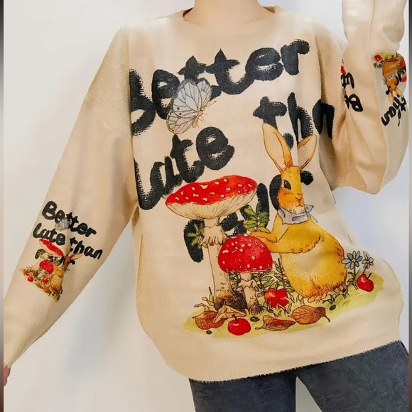 Better Late Than Cute Crew Neck Retro Bunny Oversize Sweater, One Size, NWOT 🐰 - Picture 1 of 8